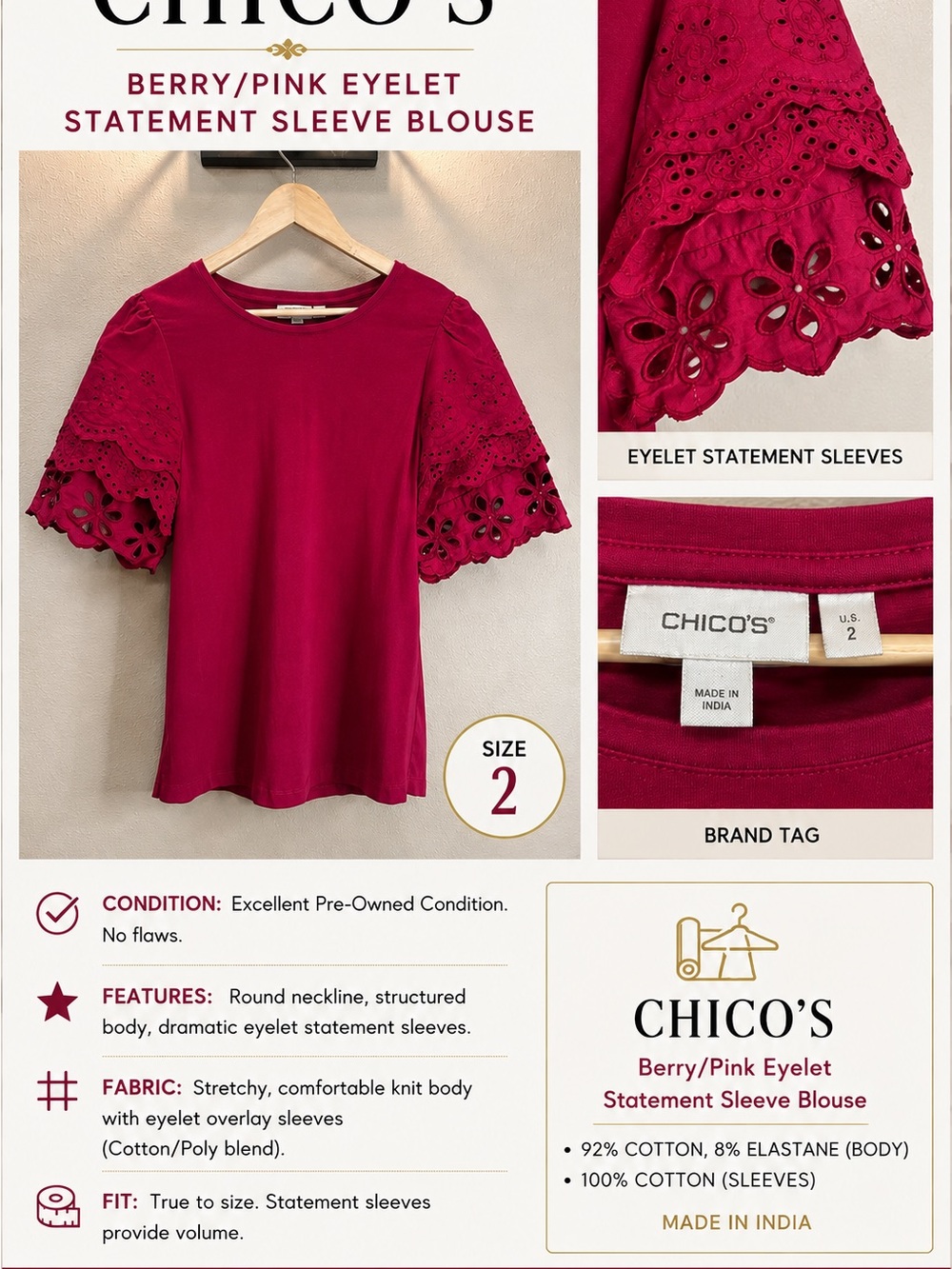 Chico's Deep Berry Eyelet Statement-Sleeve Top Size 2 (L)